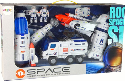 Set lodrash hapësinore Leantoys Space Rocket, raketë dhe makina, me astronautë, bardh e blu