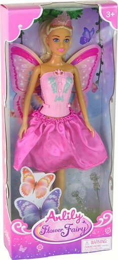 Kukull zanë Anlily Flower Fairy Leantoys, trup që lëviz, krahë rozë, fustan rozë