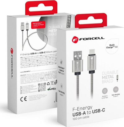 Kabllo Forcell F-energy Metal C234, USB-A me USB-C, 1 m, argjendtë