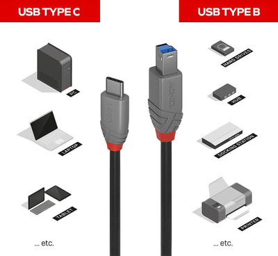 Kabllo USB Lindy Anthra Line, USB C në USB B, 3.2 Gen 1, 2m, e zezë