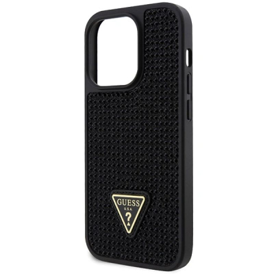 Kapak telefoni Guess Rhinestones Triangle Logo për iPhone 14 Pro, poliuretan i butë, i zi