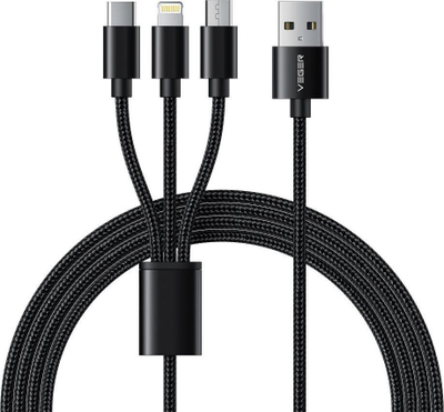 Kabllo karikimi Veger V303 3n1, USB A në Type C, Lightning edhe Micro USB, 1.2m, 2A, e zezë