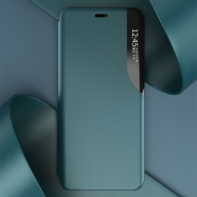 Këllëf flip Hurtel Eco Leather View për iPhone 13 Mini, me magnet dhe mbajtëse, blu