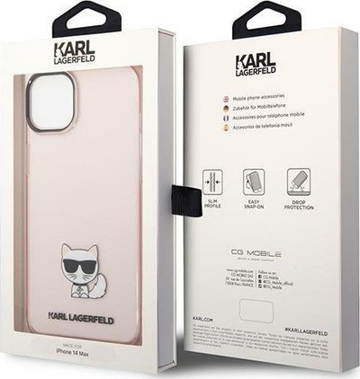 Kasë telefoni Karl Lagerfeld KLHCP14MCTTRI për iPhone 14 Plus, hardcase TPU, dizajn Choupette Body, rozë transparente