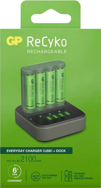 Karikues baterish GP ReCyko B421 me stacion D451, USB, me ekran LCD, me 4 bateri AA 2100 mAh