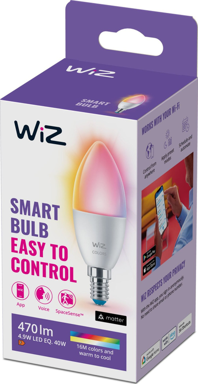 Llampë smart WiZ Candle C37, 4.9W, RGB 2200-6500K, E14, e bardhë