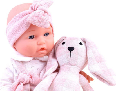 Set lodër kukull bebe me lepurush pelushi Za3828, 30cm, me biberonë, rozë