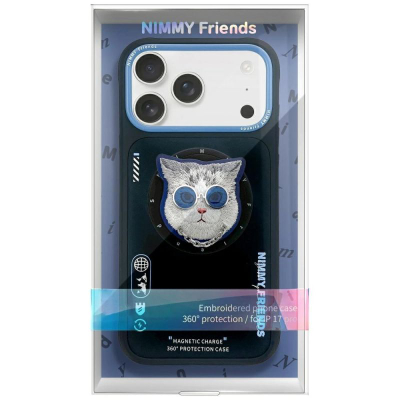 Kapak telefoni Nimmy Glasses Cool Cat MagSafe për iPhone 17, mbrojtje 360°, i zi blu