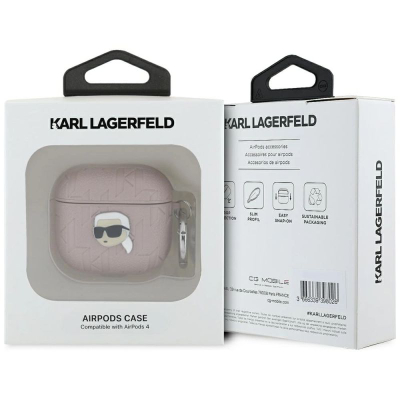 Kapak Karl Lagerfeld Monogram Karl Head për AirPods 4, eco-leather, me karabiner, rozë