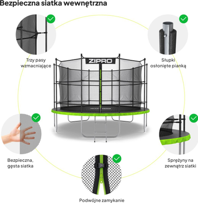 Trampolinë kopshti Zipro Jump Pro, rrjetë e brendshme, 12FT 374cm, jeshile e zezë