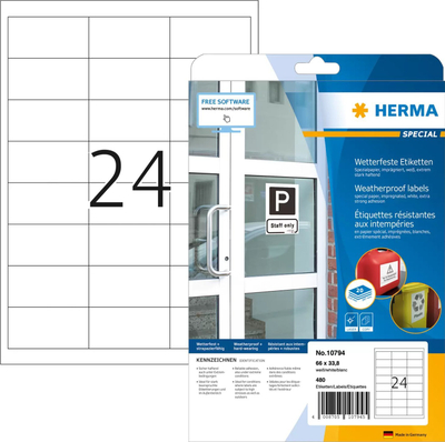 Etiketa ngjitëse HERMA Weatherproof, letër rezistente, 66 x 33.8 mm, të bardha