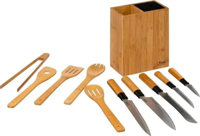Set bllok me thika dhe vegla kuzhine 5five, doreza bambuje, 10 copë, bezhë