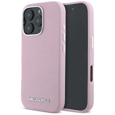 Kapak telefoni Karl Lagerfeld Saffiano Metal Logo MagSafe për iPhone 16 Pro, lëkurë eco, rozë