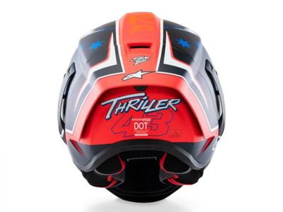 Helmeta moto Alpinestars Supertech R10 Miller Limited Edition, karboni, rrugë dhe pistë, e zezë me të kuqe fluor dhe blu mat