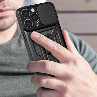 Maskë mbrojtëse Hurtel Hybrid Armor Camshield për iPhone 14 Plus, me kapak kamere, me unazë metalike, rozë