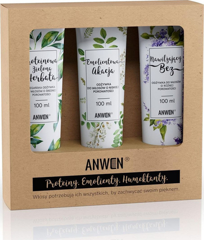 Set ANWEN, balsam flokësh Protein Green Tea 100ml + Zbutës Acacia 100ml + Hidratues Lilac 100ml