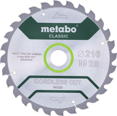 Teh rrethor Metabo Cordless Cut Wood Classic 628284000, 216mm, 28 dhëmbë
