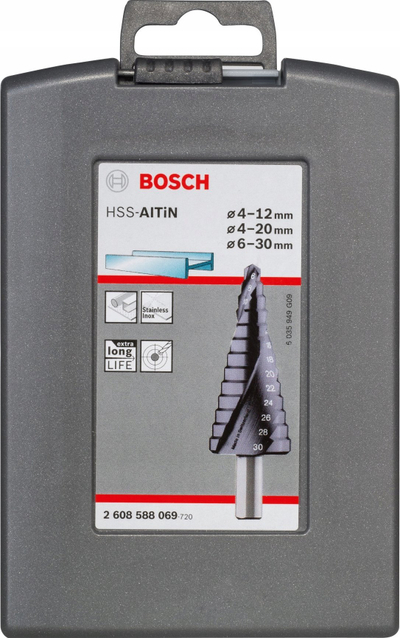 Set freza shkallë Bosch HSS AlTiN, 3 copa, për hekur e plastikë