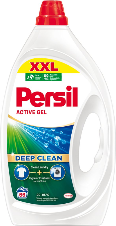 Xел за перење алишта Persil XXL Regular Deep Clean Active Gel, 2.97L, 66 перења, за бели и шарени