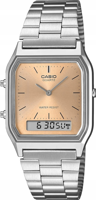 Orë dore Casio Vintage AQ230A 4A, analoge dhe dixhitale, çelik inox, argjendtë