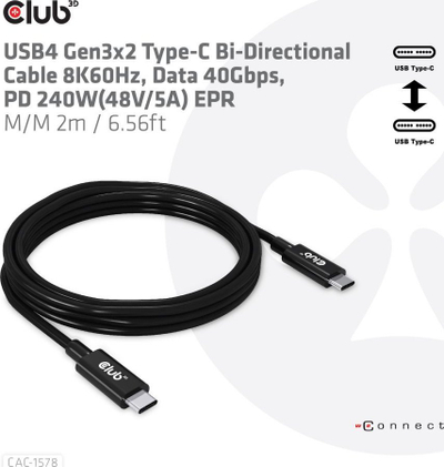 Kabllo USB4 Club 3D CAC-1576, 40 Gbps, PD 240W, 2m, e zezë