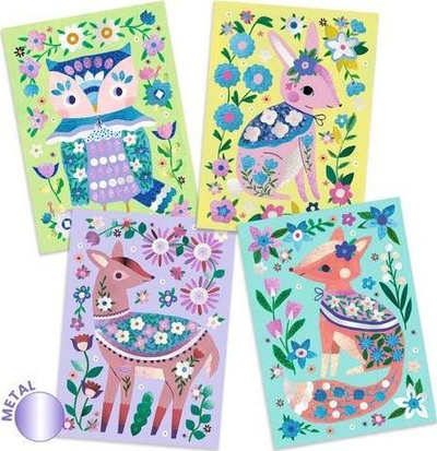 Set kreativ me fletë metalike Djeco Pretty Wood, 4 tablo, për fëmijë 6 10 vjeç, shumëngjyrësh