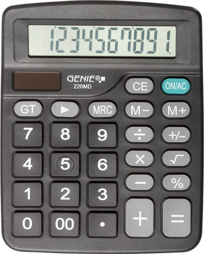 Kalkulator tavoline Genie Basic 220 MD, 10 shifra, energji diellore dhe bateri, i zi