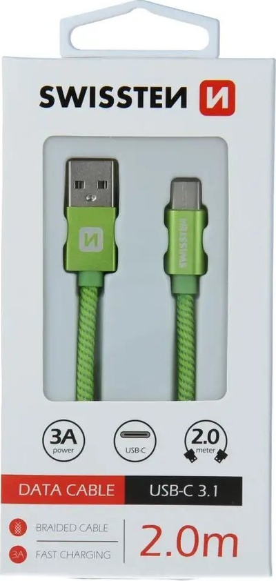 Кабел за податоци Swissten USB A во USB C, 2 m, пренос 3A, црна