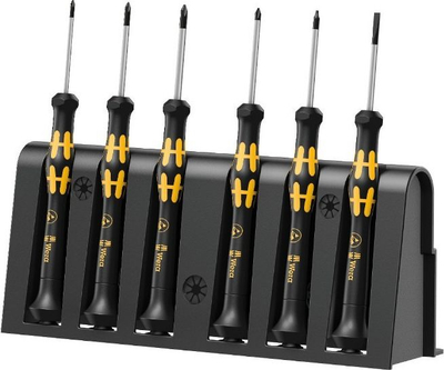Set kaçavidash Wera 1550/6 ESD, 6 copë, për elektronikë, me raft