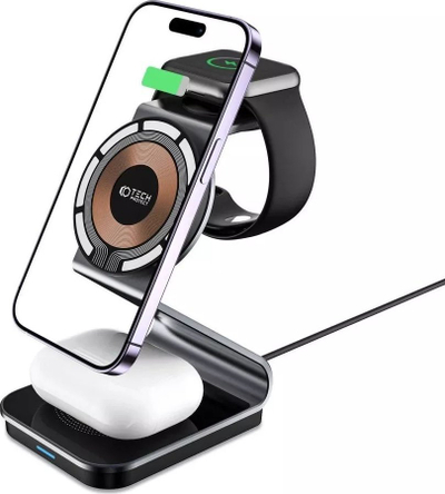 Безжичен полнач 3n1 MagSafe Qi, 15W, за iPhone Apple Watch AirPods, бел