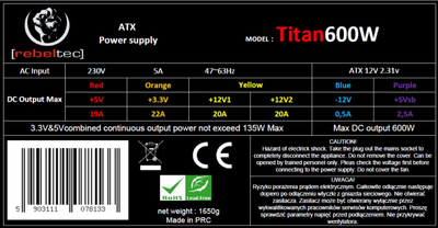 Furnizim energjie Rebeltec Titan, 600W, ventilator 120mm, i zi