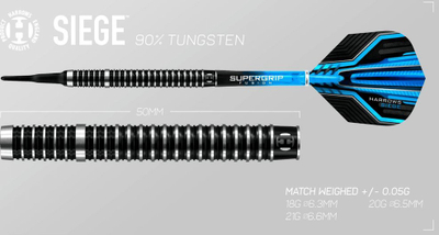 Shigjeta dart Harrows Siege Softip, 90% tungsten, blu me të zezë