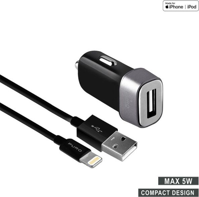 Полнач за автомобил Пуро Мини Car Charger, 1A 5W, кабел Лајтнинг 1m, црн