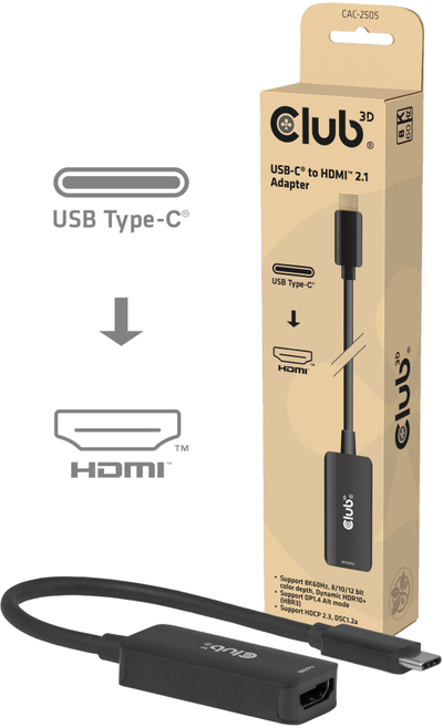 Adapter USB C në HDMI 2.1 Club 3D CAC-2505, 8K HDR10, 12cm, i zi