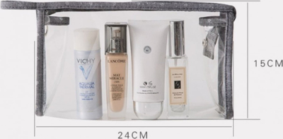 Set çantash kozmetike KS91WZ2, 3 pjesë, transparente dhe prej materiali, gri