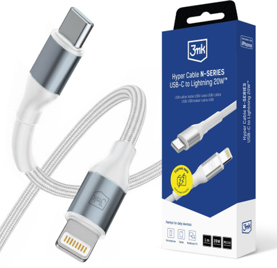 Kabllo USB 3MK Hyper Cable N-Series, USB-C me Lightning, 1m, 20W, e bardhë