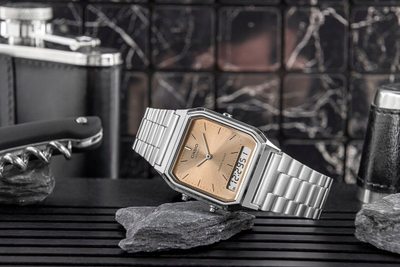 Orë dore Casio Vintage AQ230A 4A, analoge dhe dixhitale, çelik inox, argjendtë