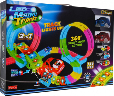 Set pistë garash LED Magic Tracks, 166 copë, 2 makina LED, shumëngjyrëshe