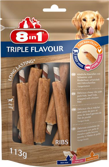 Shkopinj përtypës për qen 8in1 Triple Flavour Ribs Sticks, 8in1, 6 copë