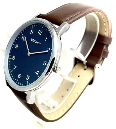 Ora dore Sekonda Quartz, rrip lëkure, për burra, e zezë