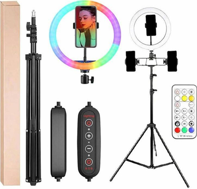 Lampë unazore për selfie ZD67D, LED RGB, tripod 210 cm, e zezë