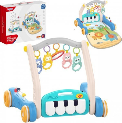 Lodër ecëse 2n1 Woopie Piano Rack and Walker, tapet loje, piano muzikore, shumëngjyrëshe