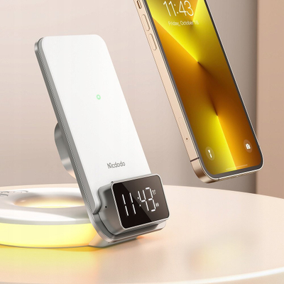 Karikues wireless multifunksional Mcdodo CH-1610, 15W, me orë me zile dhe llampë nate, i bardhë