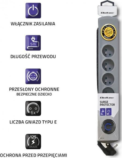 Shirit zgjatues Qoltec, 6 priza, 5m, gri