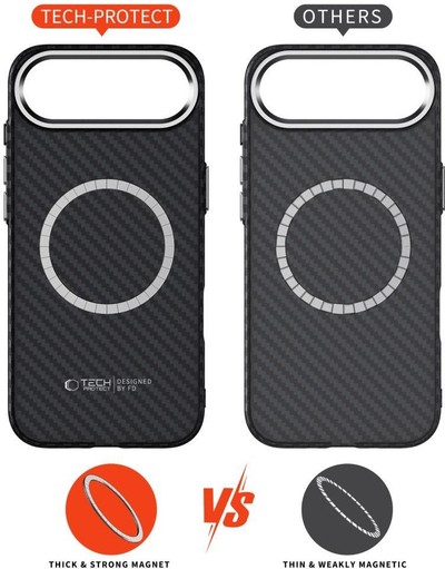 Kapak telefoni Tech-Protect Ion Carbon MagSafe për iPhone 17 Air 17 Pro, polikarbonat, mban goditje, ngjyrë e zezë me argjend
