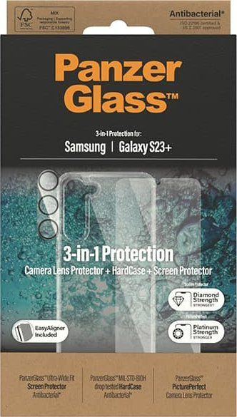 Paketë mbrojtëse PanzerGlass 3 në 1 për Samsung Galaxy S23+, xham ekrani, hardcase i tejdukshëm
