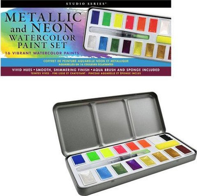 Set akuareli Studio Series metalike edhe neon, 16 ngjyra, kuti metalike, shumëngjyrësh