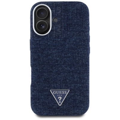 Заштитна маска Guess Denim Triangle Logo, MagSafe, за iPhone 16 6.1", сина