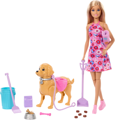 Set lojrash Barbie Dog Walking, kukull me qen që ecën e reagon, aksesorë pastrimi, shumëngjyrësh