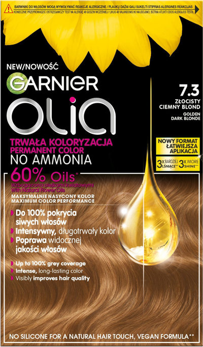 Bojë flokësh Garnier Olia 7.3 Dark Golden Blonde, ngjyrë e qëndrueshme, bionde e artë e errët